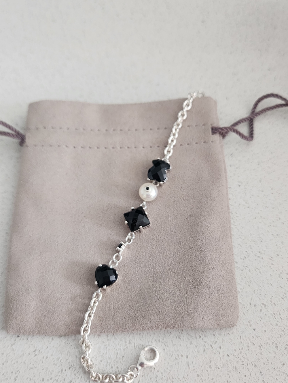 Tous Silver Bracelet with Black Crystal and White Pearl